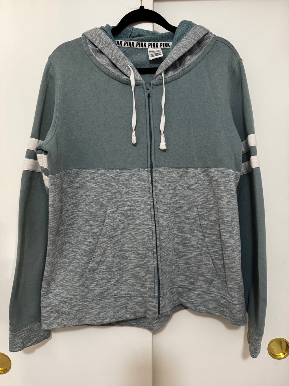 PINK Victoria's Secret Two-Tone Hooded Zip Sweater - Slate Green & Heather Gray